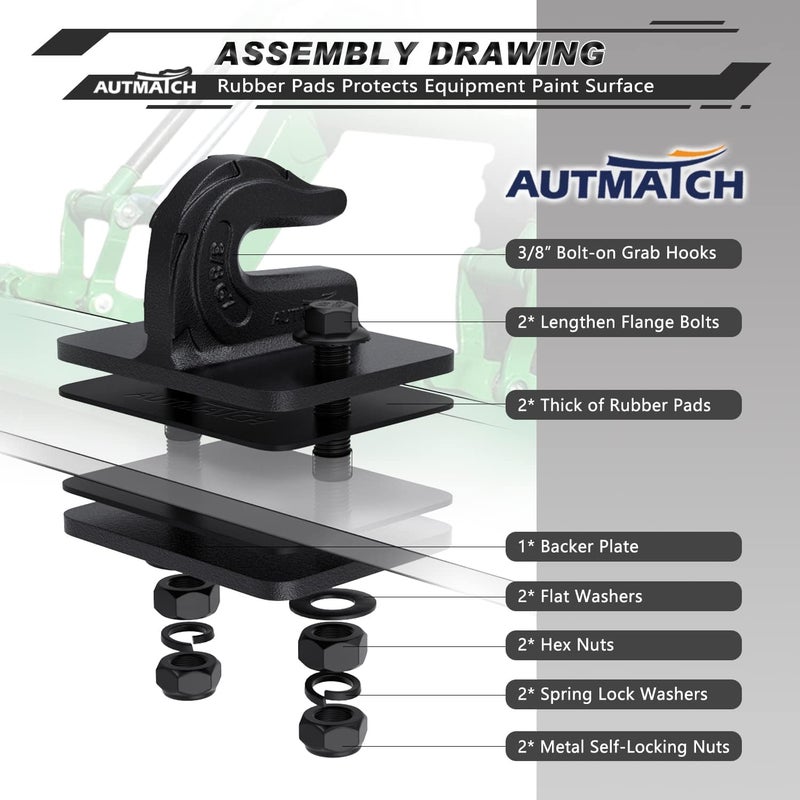AUTMATCH Tractor Bucket Grab Hook 3/8" (2 Pack) - Bolt On Grab Hook Tow Hook Mount with Backer Plate and Rubber Pad, Grade 70 Forged Steel Max 18,000Lbs Work for Loader, Tractor Bucket, Frosted Black - Image 2